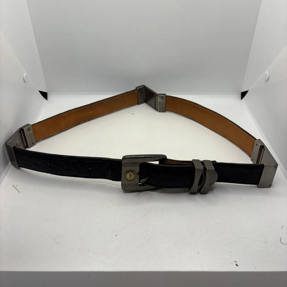 Vintage Lion Head Medusa Greek Key Black Ostrich‎ Leather Belt Size 38 Mens